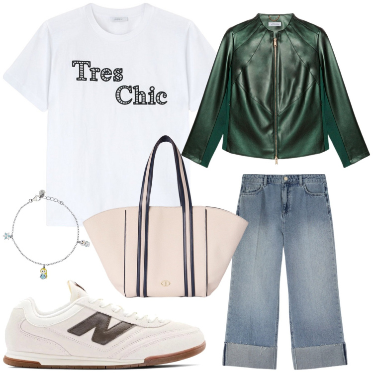 Outfit donna - Shopping. Stile Casual per Tutti i giorni. Abbinamento con braccialetti con ciondoli, sneakers, blazer, jeans, shopping bag, t-shirt.