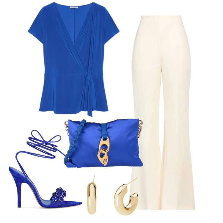 Outfit donna - Cerimonia in pantaloni. Stile Glamour per Cerimonia. Abbinamento con pantaloni, borse a tracolla, orecchini, bluse, sandali in pelle.