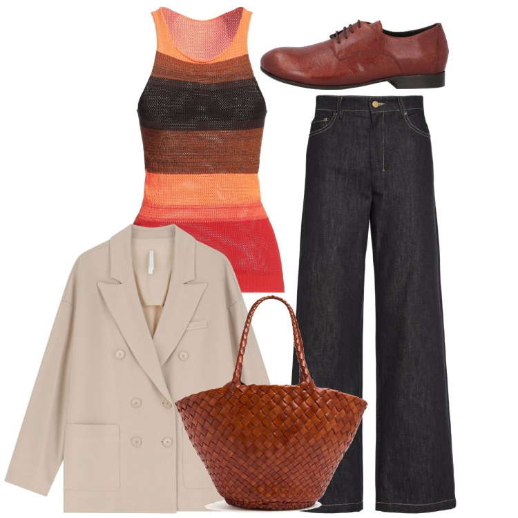 Outfit donna - In canotta. Stile Mannish per Tutti i giorni. Abbinamento con top, scarpe stringate, blazer, shopping bag, jeans.
