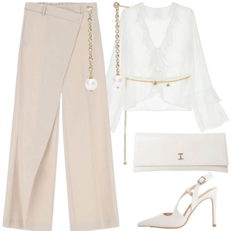 Outfit donna - Raffinata. Stile Casual chic per Cerimonia. Abbinamento con orecchini, pantaloni, bluse, décolleté, pochette.