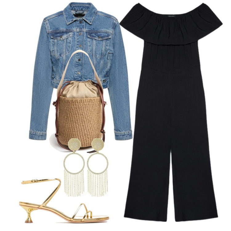 Outfit donna - Jumpsuit da serata. Stile Chic per Serata fuori. Abbinamento con tute, blazer, borse a mano, orecchini, sandali in pelle.