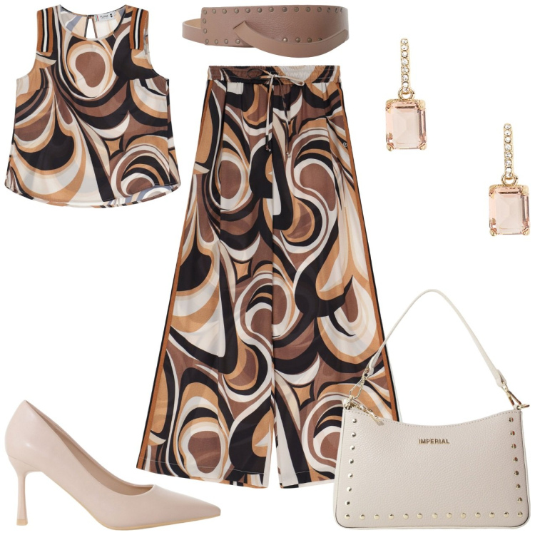 Outfit donna - Completo fantasia elegante. Stile Casual chic per Cerimonia. Abbinamento con pantaloni, top, décolleté, borse a spalla, cinture, orecchini.