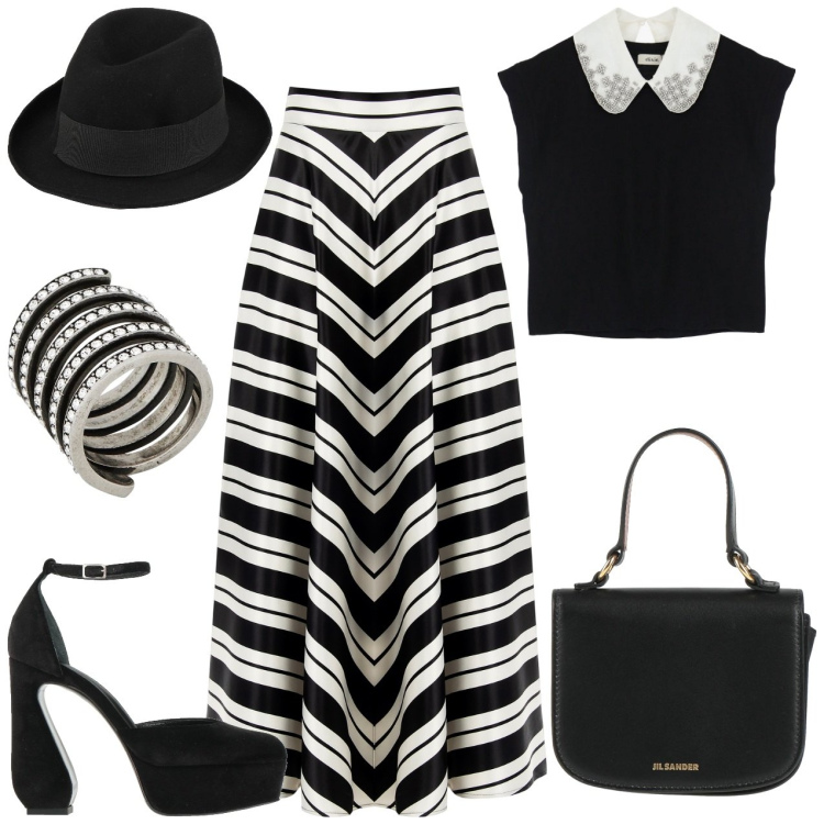 Outfit donna - Bianco e nero. Stile Casual chic per Cerimonia. look ideale per Tall. Abbinamento con borse a mano, décolleté, cappelli, anelli, top, gonne.