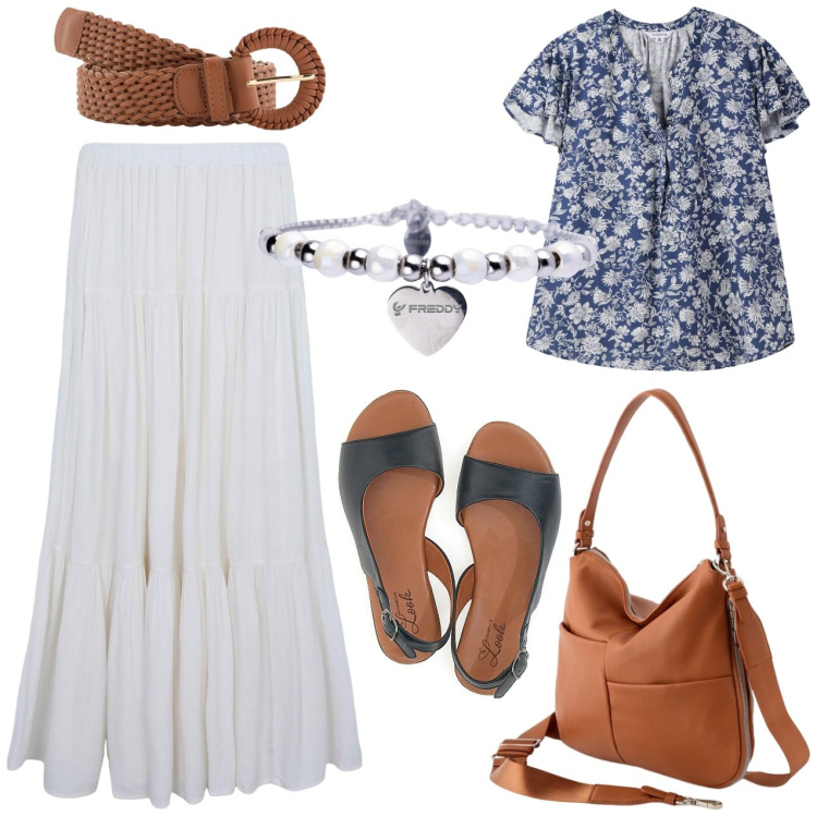 Outfit donna - Passeggiata per i borghi. Stile Casual per Tutti i giorni. Abbinamento con bluse, gonne lunghe, braccialetti, sandali in pelle, cinture, borse a tracolla.