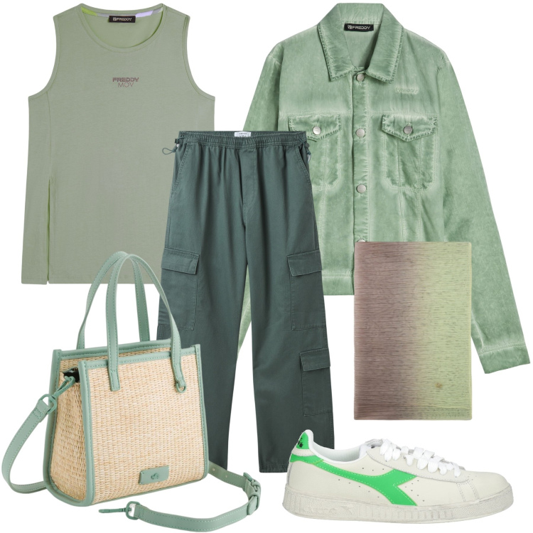 Outfit donna - In verde sul prato dei picnic. Stile Casual per Tutti i giorni. Abbinamento con sneakers, pantaloni cargo, blazer, canottiere, borse a mano, stole.