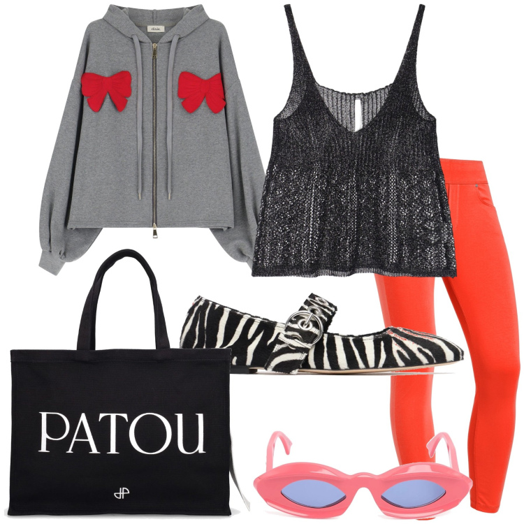Outfit donna - Total look. Stile Sporty chic per Tutti i giorni. Abbinamento con top, jeggings, felpe con cappuccio, shopping bag, occhiali da sole, ballerine.