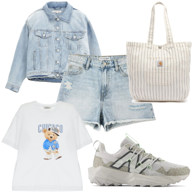 Outfit donna - Total look. Stile Casual chic per Tutti i giorni. Abbinamento con shorts, sneakers, blazer, t-shirt, borse tote.