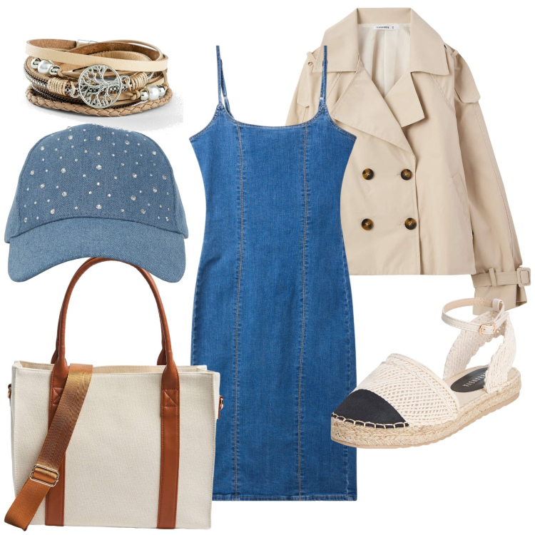 Outfit donna - Trench per il mare. Stile Trendy per Tutti i giorni. Abbinamento con braccialetti, cappelli, vestiti a tubino, trench, shopping bag, espadrillas.