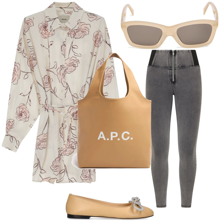 Outfit donna - Total look. Stile Trendy per Tutti i giorni. Abbinamento con camicie, jeggings, occhiali da sole, borse tote, ballerine.
