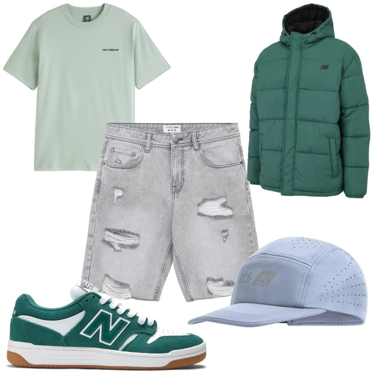 Outfit uomo - Total look #2112428. Stile Trendy per Tutti i giorni. Abbinamento con pantaloni corti, piumini, sneakers, t-shirt, cappelli.