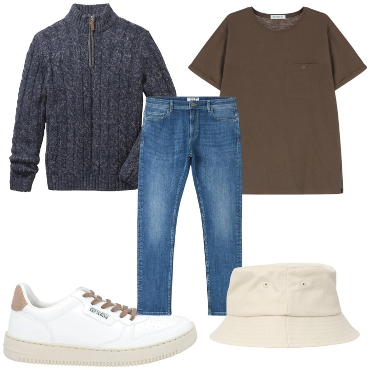 Outfit uomo - Total look #2112431. Stile Casual per Tutti i giorni. Abbinamento con maglieria, sneakers, cappelli, jeans skinny, t-shirt.