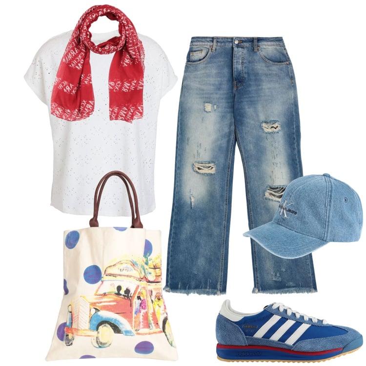 Outfit mujer - Basic #2121. Estilo Basic para Todos los días. Combinación con sneakers, vaqueros rectos, bolsos de mano, camiseta, estolas, sombreros o gorros con visera.