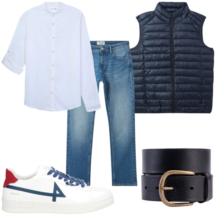 Outfit uomo - Total look #2112436. Stile Trendy per Tutti i giorni. Abbinamento con sneakers, jeans, piumini, camicie, cinture.