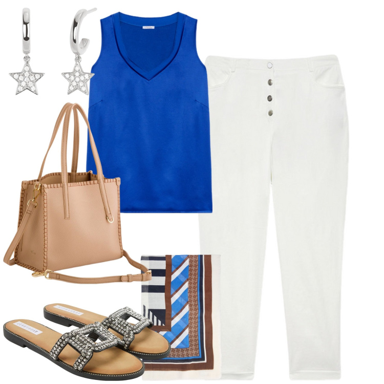 Outfit donna - City. Stile Urban per Tutti i giorni. Abbinamento con ciabatte, orecchini, top, foulard, pantaloni, borse a mano.