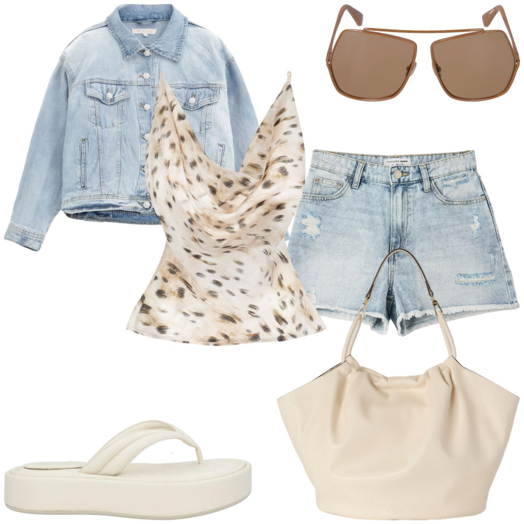 Outfit donna - Pantaloncino al mare anche di sera. Stile Casual per Tutti i giorni. Abbinamento con ciabatte, shorts, top, blazer, occhiali da sole, borse a secchiello.