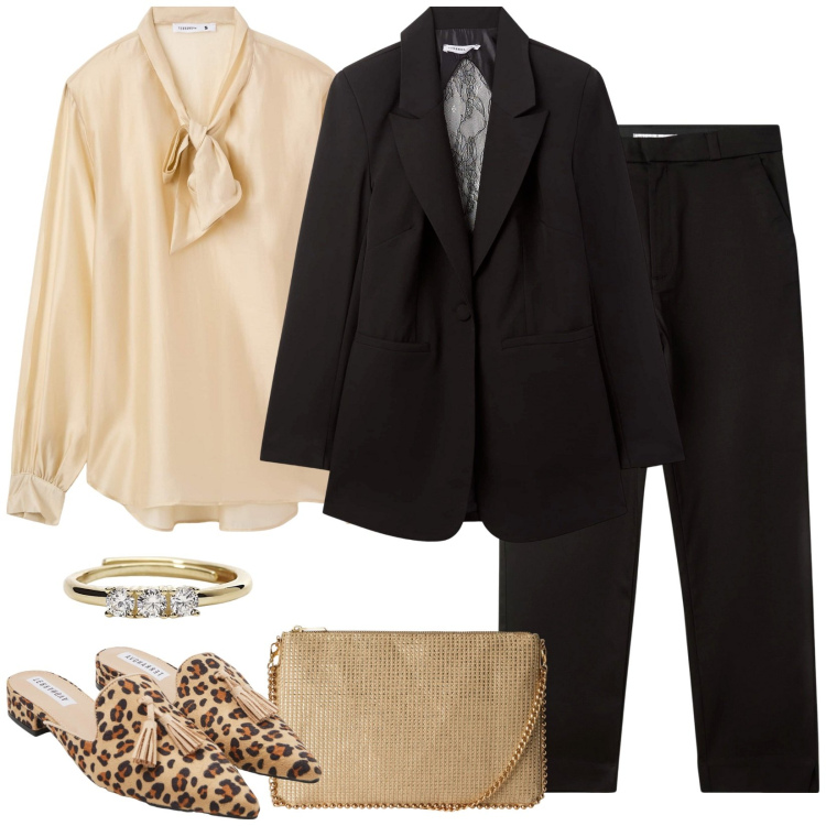 Outfit donna - Pochi capi d\' effetto. Stile Chic per Serata fuori. Abbinamento con sabot, pantaloni, bluse, borse a tracolla, blazer, anelli.