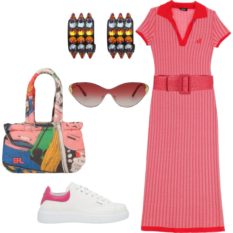 Outfit donna - Mix di colori. Stile Sporty chic per Tutti i giorni. Abbinamento con cinture, orecchini, borse a mano, occhiali da sole, sneakers, vestiti midi/longuette.