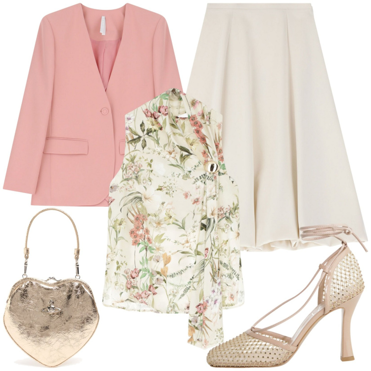 Outfit donna - Cerimonia in rosa e beige. Stile Glamour per Cerimonia. Abbinamento con gonne longuette, blazer, top, décolleté, pochette.