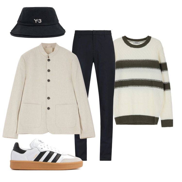 Outfit uomo - La giacca con il collo alla coreana. Stile Trendy per Ufficio. Abbinamento con pantaloni, giacche, maglieria, cappelli, sneakers.
