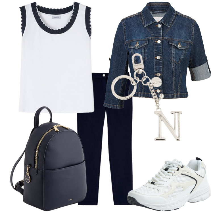 Outfit donna - Noemi. Stile Casual per Tutti i giorni. Abbinamento con blazer, sneakers, pantaloni chino, top, zaini, portachiavi.