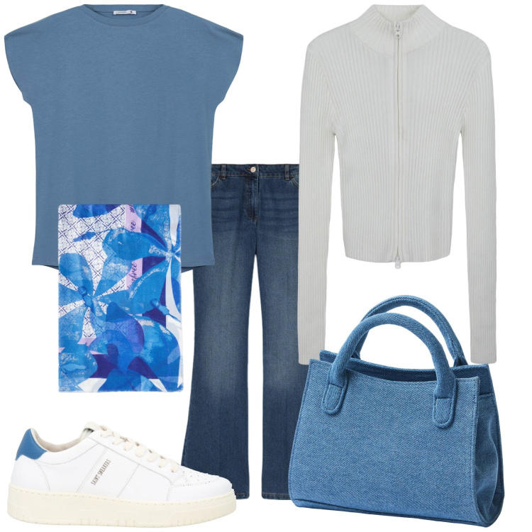 Outfit donna - Basic. Stile Basic per Tutti i giorni. Abbinamento con sneakers, borse a tracolla, t-shirt, cardigans, stole, jeans.