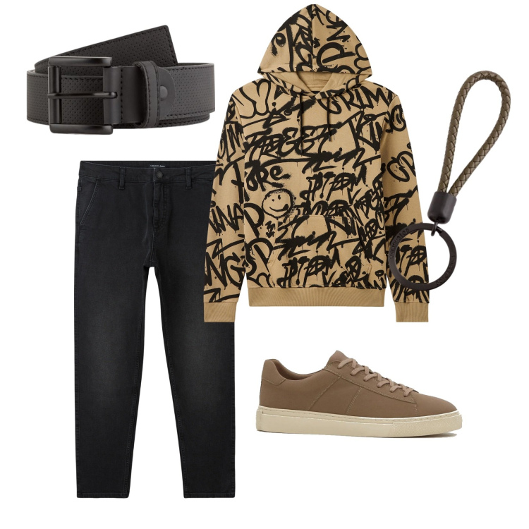 Outfit uomo - Total look #2112528. Stile Urban per Tutti i giorni. Abbinamento con sneakers, jeans, felpe con cappuccio, portachiavi, cinture.