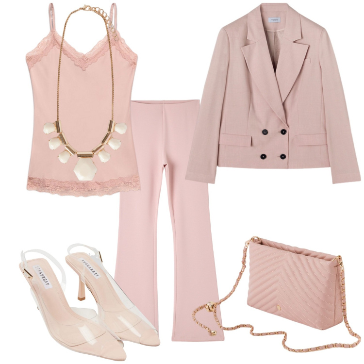 Outfit donna - Pompelmo rosa. Stile Chic per Cerimonia. Abbinamento con sandali col tacco, pantaloni, borse a tracolla, collane, top, blazer.