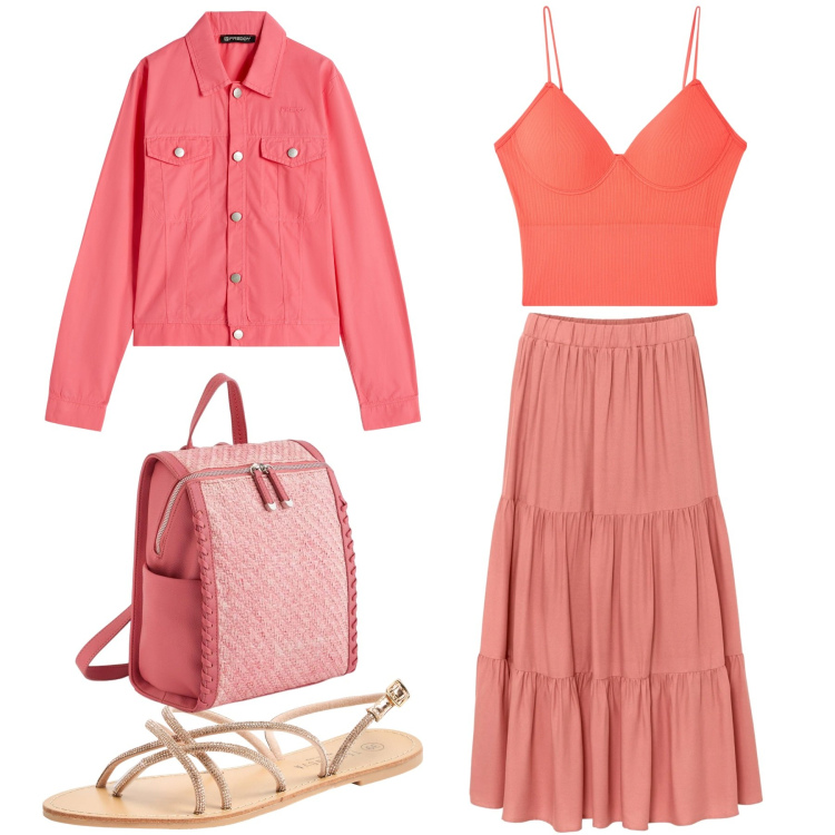 Outfit donna - Pasquetta. Stile Basic per Tutti i giorni. Abbinamento con gonne longuette, sandali, top, blazer, zaini.