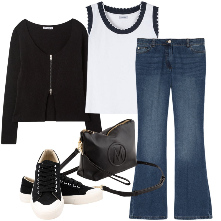 Outfit donna - Merletto sul top. Stile Casual chic per Tutti i giorni. Abbinamento con cardigans, sneakers, valigie, jeans, top.