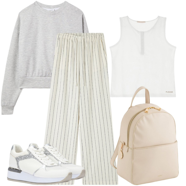 Outfit donna - Il pantalone a righe. Stile Sporty chic per Tutti i giorni. Abbinamento con pantaloni, felpe, canottiere, sneakers, zaini.
