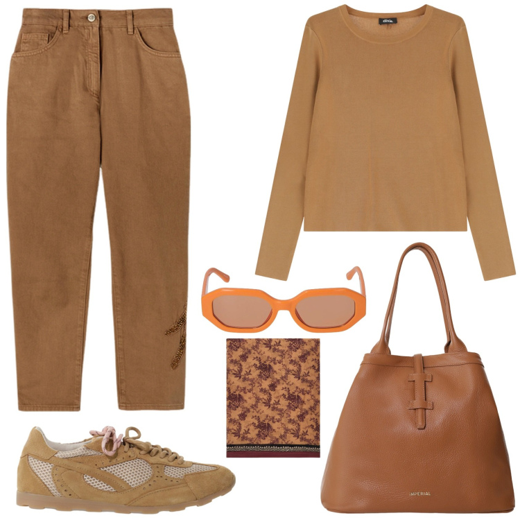 Outfit donna - Comoda con stile. Stile Casual per Tutti i giorni. Abbinamento con borse tote, sneakers, pullovers, occhiali da sole, pantaloni chino, foulard.