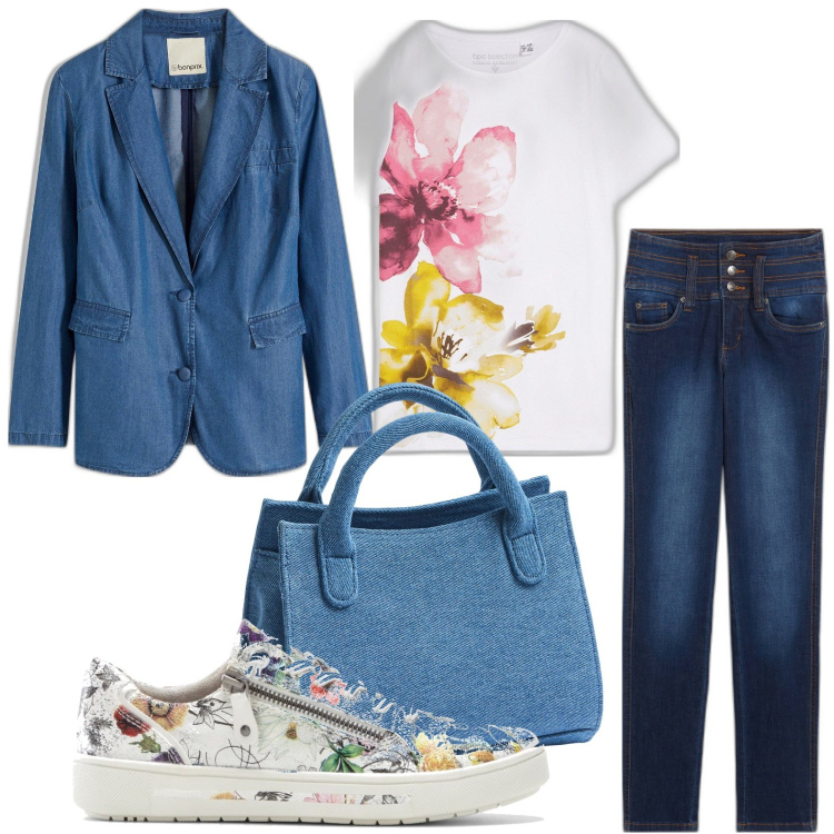 Outfit donna - Accessori floreali. Stile Basic per Tutti i giorni. Abbinamento con jeans, t-shirt, blazer, sneakers, borse a tracolla.