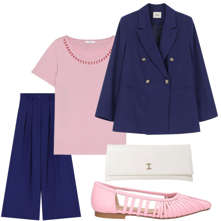 Outfit donna - Elegante con le ballerine. Stile Minimal per Serata fuori. Abbinamento con ballerine, pantaloni, pochette, blazer, t-shirt.