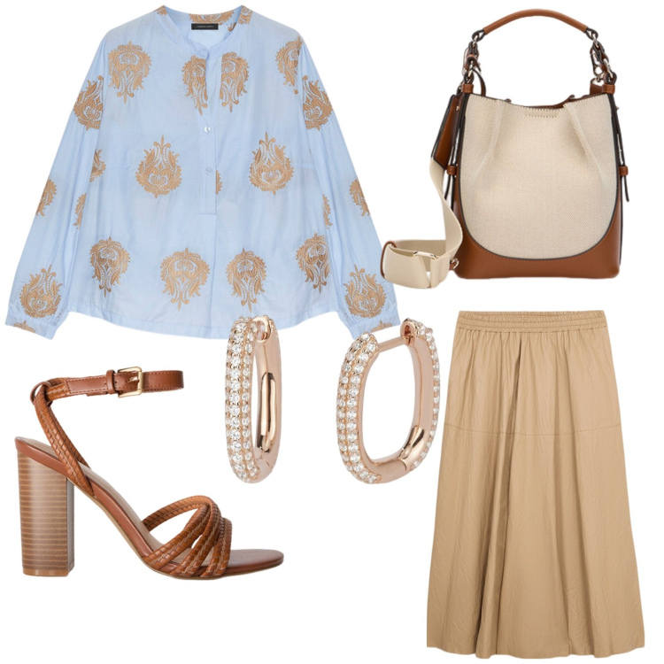 Outfit donna - Primavera. Stile Casual chic per Tutti i giorni. Abbinamento con orecchini, bluse, borse a mano, gonne longuette, sandali col tacco.