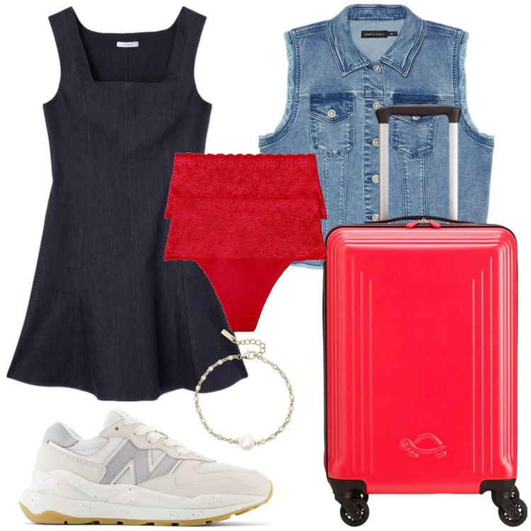 Outfit donna - E\' tempo di weekend. Stile Glamour per Tutti i giorni. Abbinamento con perizomi, braccialetti, sneakers, gilet, vestiti, valigie.