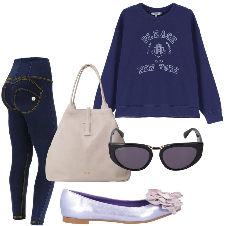 Outfit donna - Sportiva con gli skinny. Stile Glamour per Tutti i giorni. Abbinamento con ballerine, felpe, borse tote, jeans skinny, occhiali da sole.