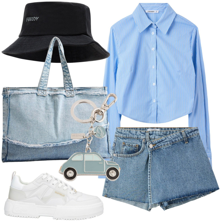 Outfit donna - Guidando verso il mare. Stile Basic per Tutti i giorni. Abbinamento con sneakers, camicie, shopping bag, minigonne, cappelli, portachiavi.