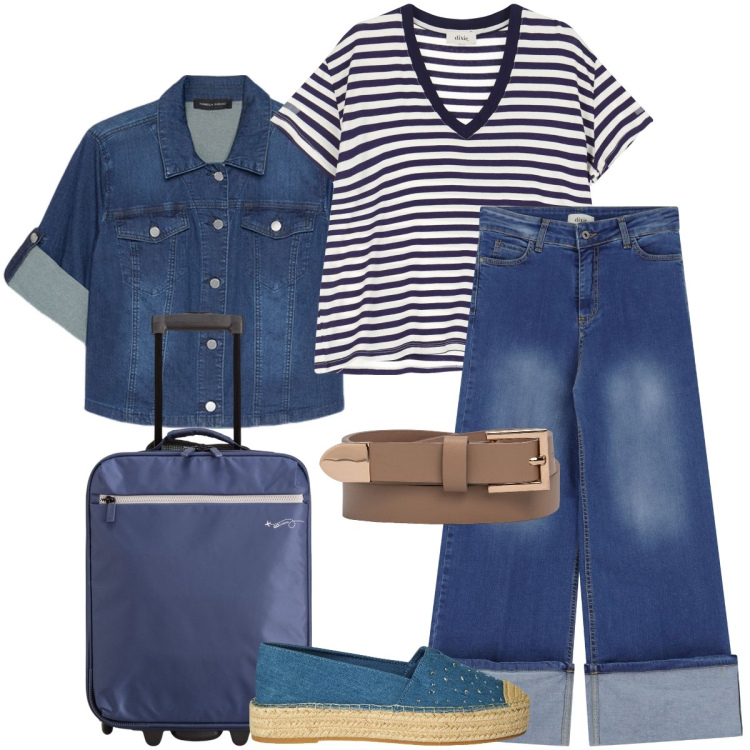 Outfit donna - In viaggio con le espadrillas. Stile Trendy per Tutti i giorni. Abbinamento con espadrillas, jeans dritti, t-shirt, blazer, cinture, valigie.