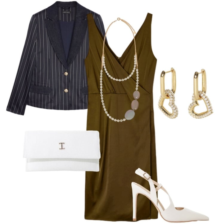 Outfit donna - Accessori bianchi. Stile Bon Ton per Cerimonia. Abbinamento con orecchini, borse a tracolla, décolleté, blazer, vestiti corti, collane.