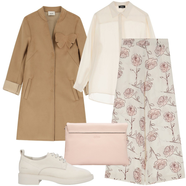Outfit donna - Il pantalone con le rose. Stile Trendy per Tutti i giorni. Abbinamento con scarpe stringate, cappotti, pantaloni, camicie, borse a tracolla.
