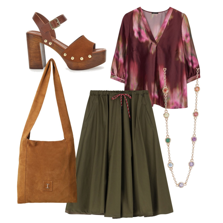 Outfit donna - Fresco sbarazzino. Stile Romantica per Tutti i giorni. Abbinamento con collane, borse a tracolla, gonne longuette, zoccoli, bluse.