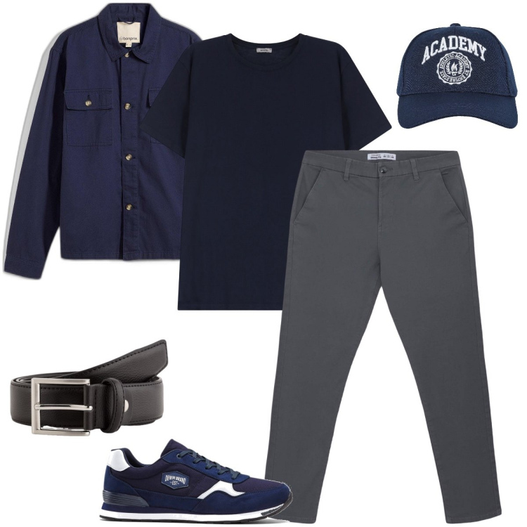 Outfit uomo - Oggi con gli amici. Stile Urban per Tutti i giorni. Abbinamento con sneakers, giacche, pantaloni chino, cappelli con visiera, t-shirt, cinture.