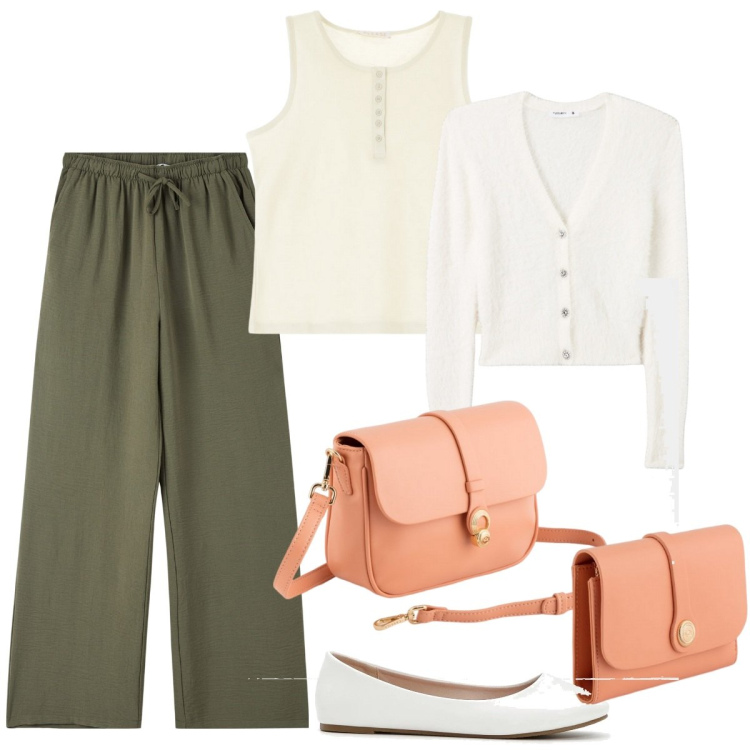 Outfit donna - Total look #2112643. Stile Casual chic per Tutti i giorni. Abbinamento con ballerine, pantaloni, cardigans, canottiere, borse a tracolla, portafogli.