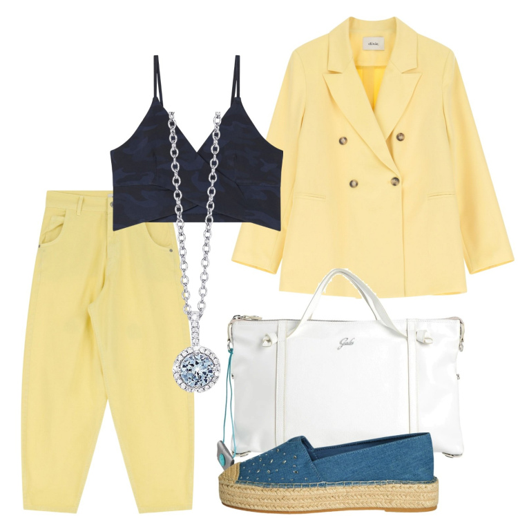 Outfit donna - J love yellow. Stile Glamour per Serata fuori. Abbinamento con borse a mano, espadrillas, collane, jeans, blazer, top.