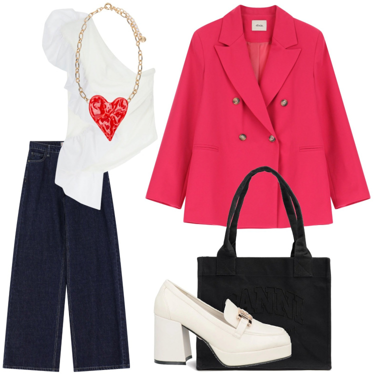 Outfit donna - La collana a cuore. Stile Minimal per Serata fuori. Abbinamento con mocassini, jeans a zampa, top, blazer, ciondoli, shopping bag.