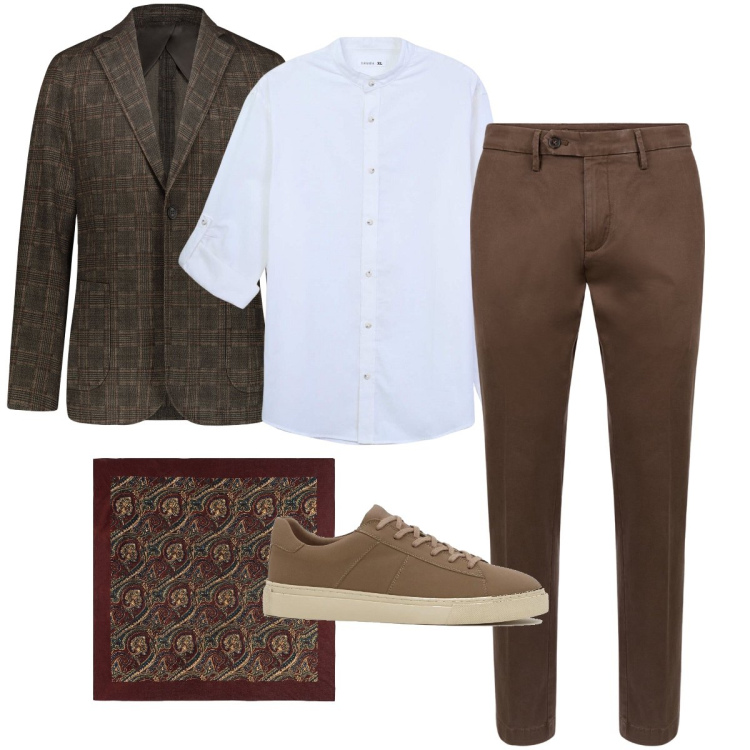 Outfit uomo - Il foulard a fantasia. Stile Business/Elegante per Cerimonia. Abbinamento con sneakers, camicie, giacche, pantaloni chino, sciarpe e foulard.