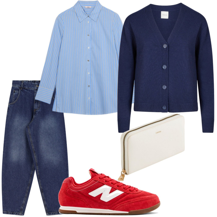 Outfit donna - Casual. Stile Casual per Tutti i giorni. Abbinamento con sneakers, jeans, cardigans, camicie, portafogli.