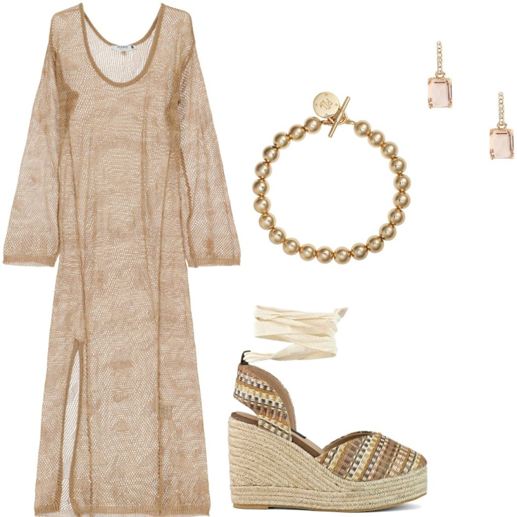 Outfit donna - Party by Please. Stile Casual chic per Serata fuori. Abbinamento con vestiti lunghi, braccialetti, orecchini, zeppe.
