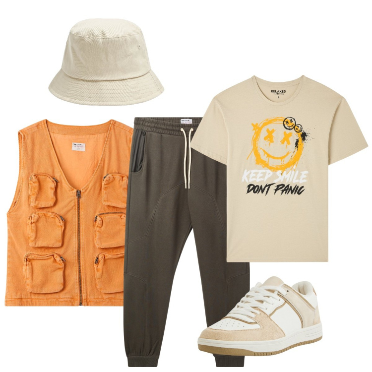 Outfit uomo - Gilet multitasking. Stile Casual per Tutti i giorni. Abbinamento con cappelli, t-shirt, gilet, pantaloni, sneakers.