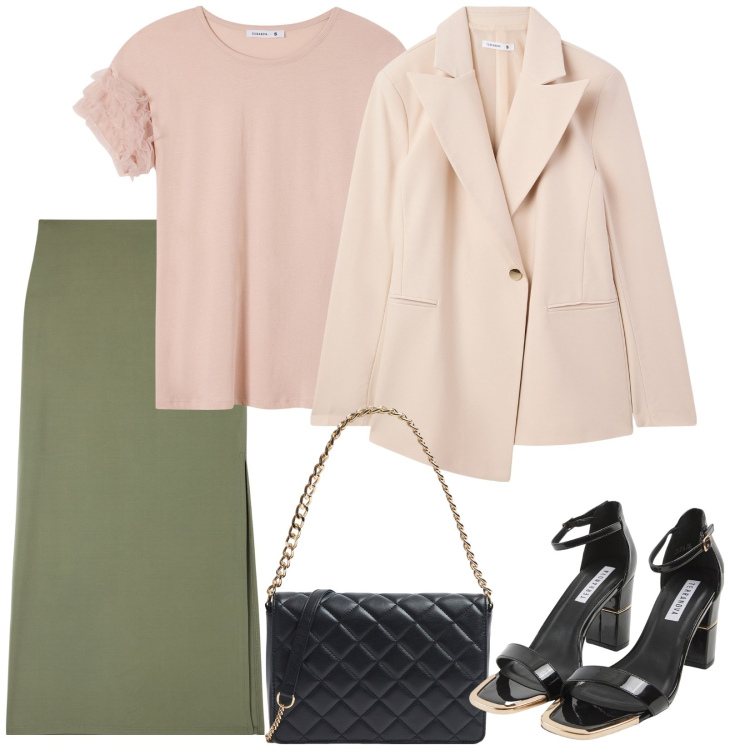 Outfit donna - La gonna ha lo spacco. Stile Casual chic per Cerimonia. Abbinamento con gonne lunghe, sabot, blazer, t-shirt, borse a tracolla.